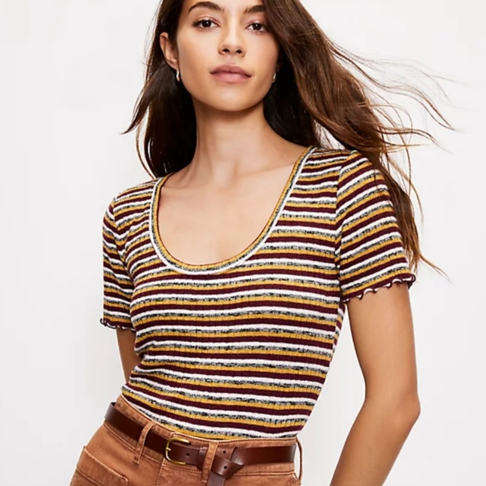 Loft Ribbed Ruffle Striped Fitted Short Sleeved Blouse